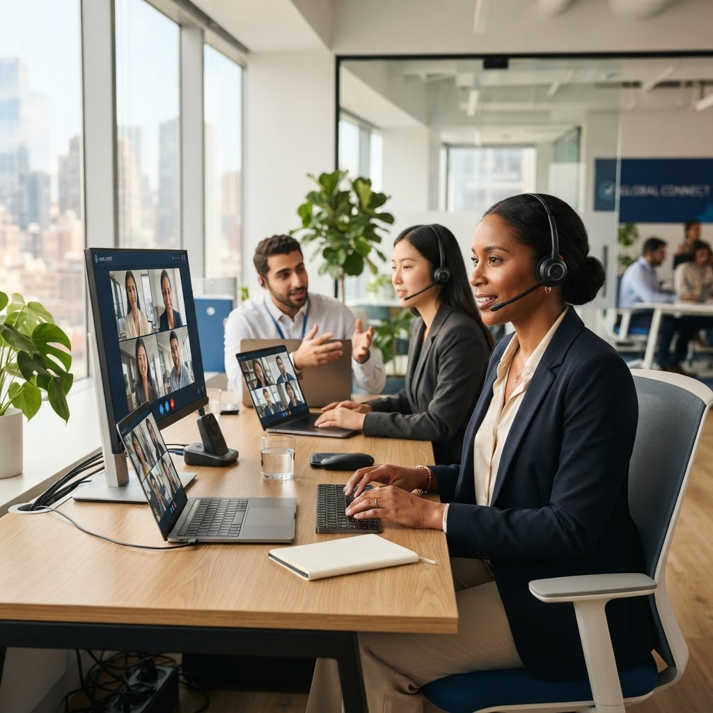 A professional interpreter assisting a client through a secure video call